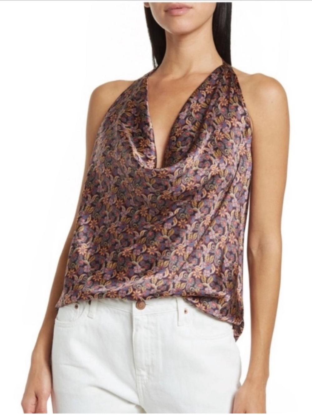 Cami NYC Jackie Silk Cowl Neck Halter Top Vibrant Paisley Print Size Medium NWT